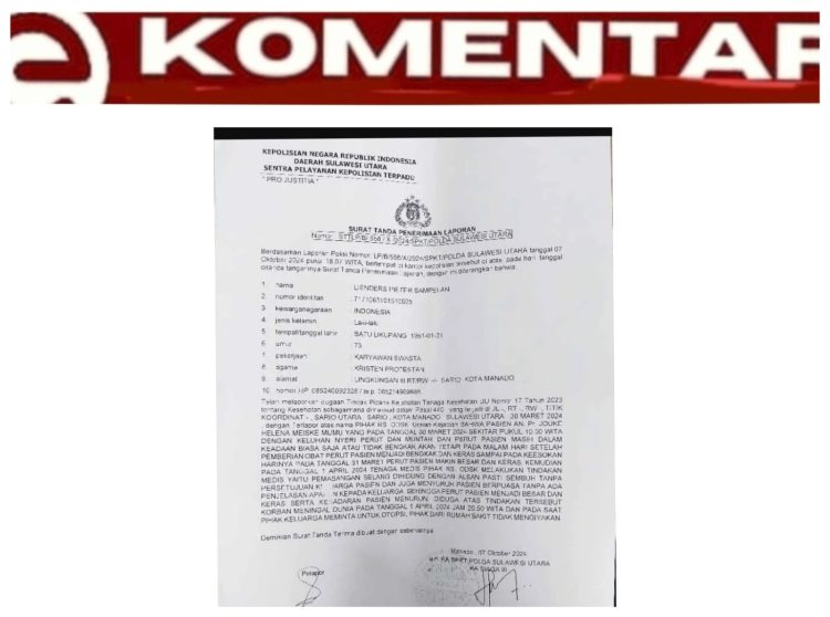 Keluarga Laporkan Dugaan Malpraktik Medis di RS Kota Manado ke Polda Sulut