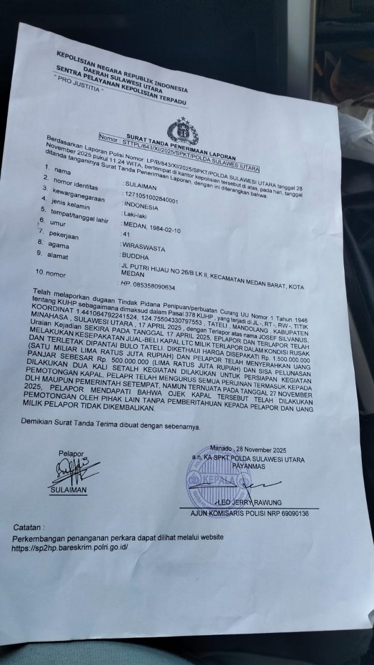 Kapal LCT Dipotong Pihak Ketiga, Ko Acun dan LSM GMPM Desak Kepolisian Daerah Sulawesi Utara Bertindak